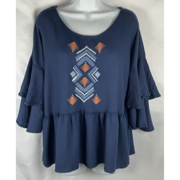 Ariat Tops - Ariat Women's Large Indigo Blue Fade Saloon Southwestern Top Aztec Print Peplum